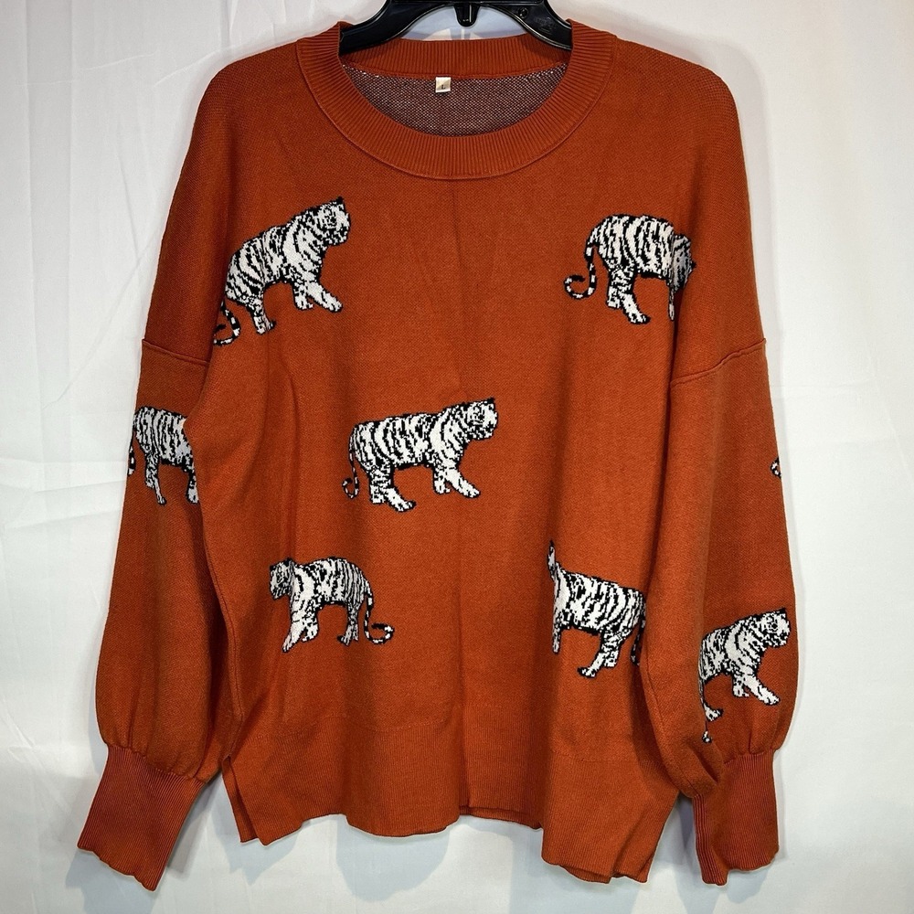 Women's Saukole Orange Brown Size Large Printed Sweater Tiger L Cozy Cat‎